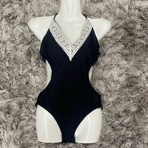 Skinny Dip Women Elegant Black Lace Trim One-Piece Swimsuit